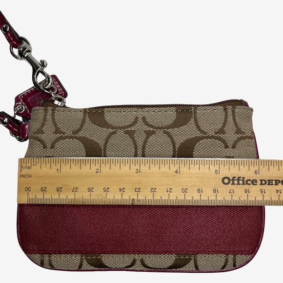 Coach Signature Canvas Wristlet Burgundy Patent Trim Small Pouch Bag - Picture 13 of 14